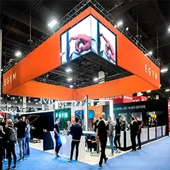 Overhead hanging trade show signage