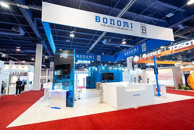 40x40 Custom Exhibit Rental for Bonomi at AHR Expo, Designed and Built by Exponents in Las Vegas, NV