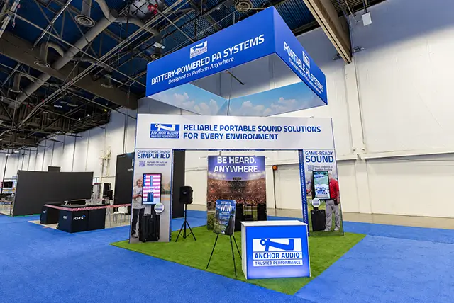20x20 Trade Show Booth for Anchor Audio at InfoComm, Designed and Built by Exponents in Las Vegas
