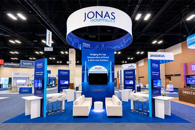 20x20 Trade Show Booth for Jonas Hospitality at HITEC, Designed and Built by Exponents in San Antonio
