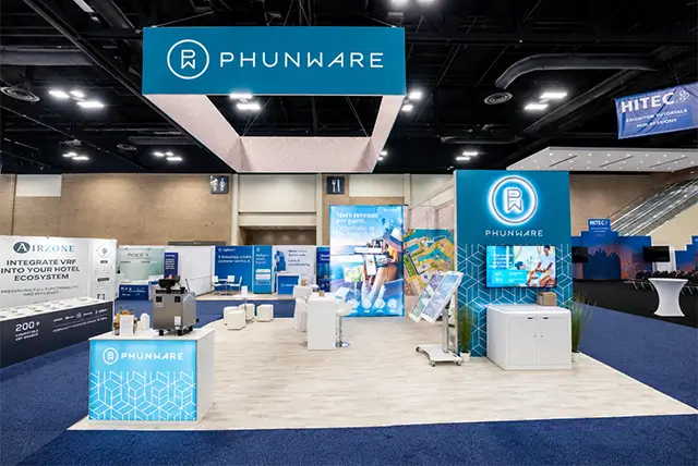 20x30 Exhibit Rental for Phunware at HITEC, Designed and Built by Exponents in San Antonio